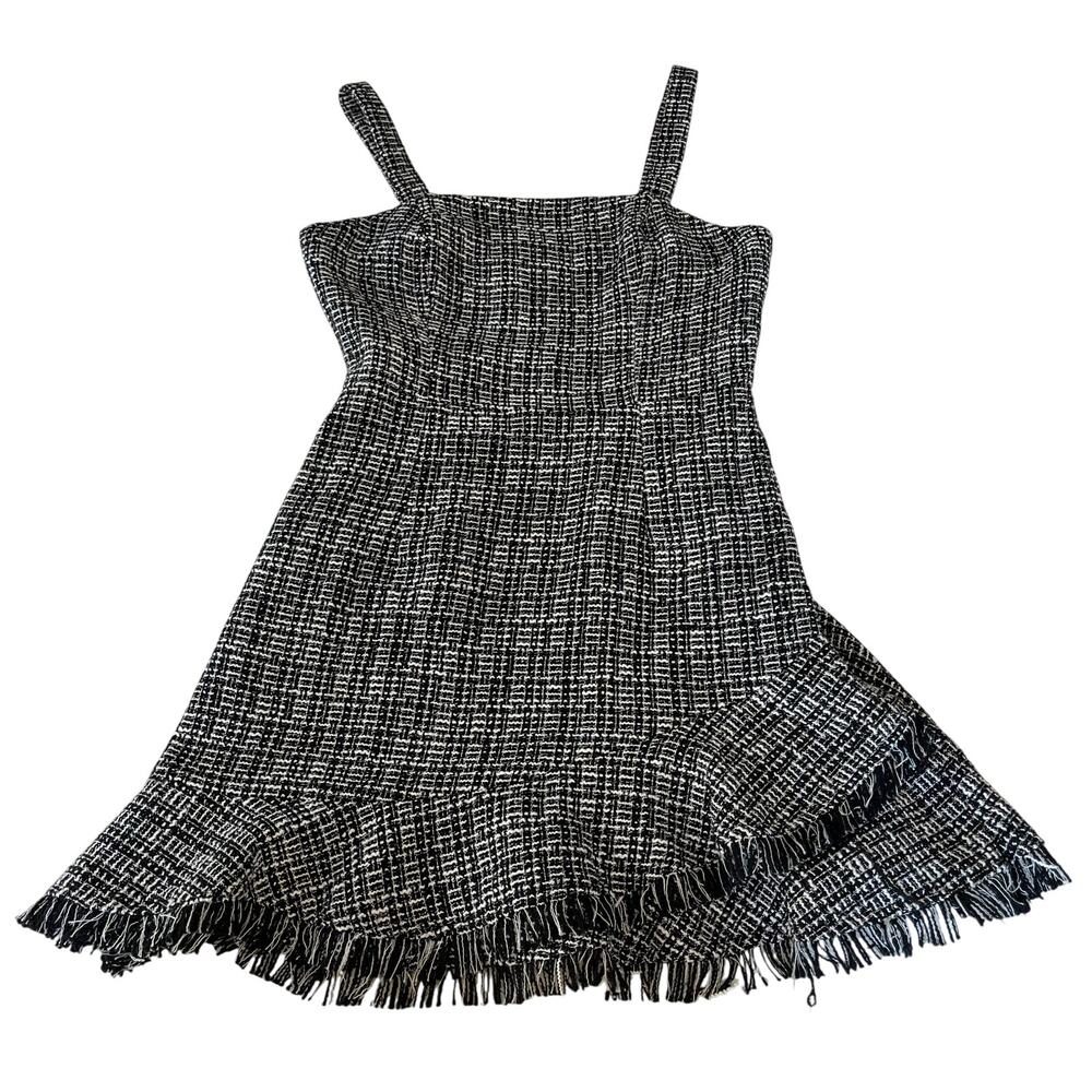 Black White Plaid Tweed Mini Dress Fringe Sz S Preppy Academia